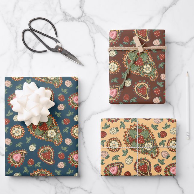 Strawberry Paisley Pattern Wrapping Paper Sheets (Front)