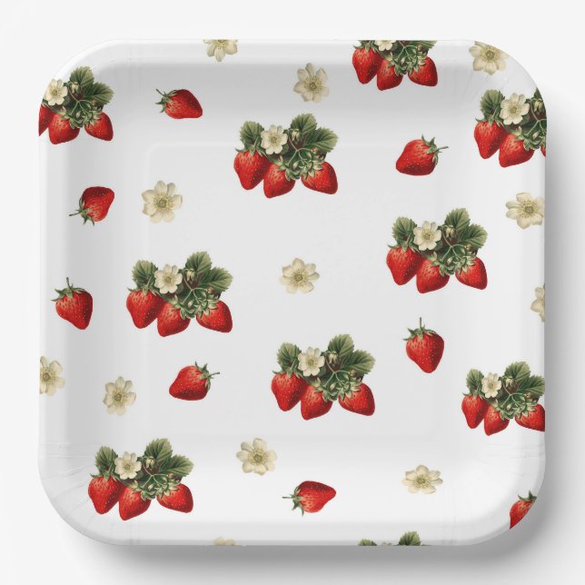 Strawberry paper plates with blossoms on white (Front)