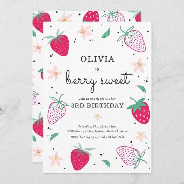 Strawberry Party Berry Sweet Strawberry Birthday Invitation (Front/Back)