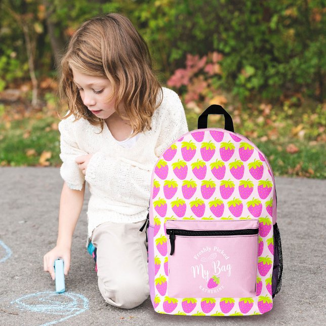 Strawberry Pastel Pink Printed Backpack (Sweet Strawberry Design Backpack. Suitable for kids who love strawberry.)