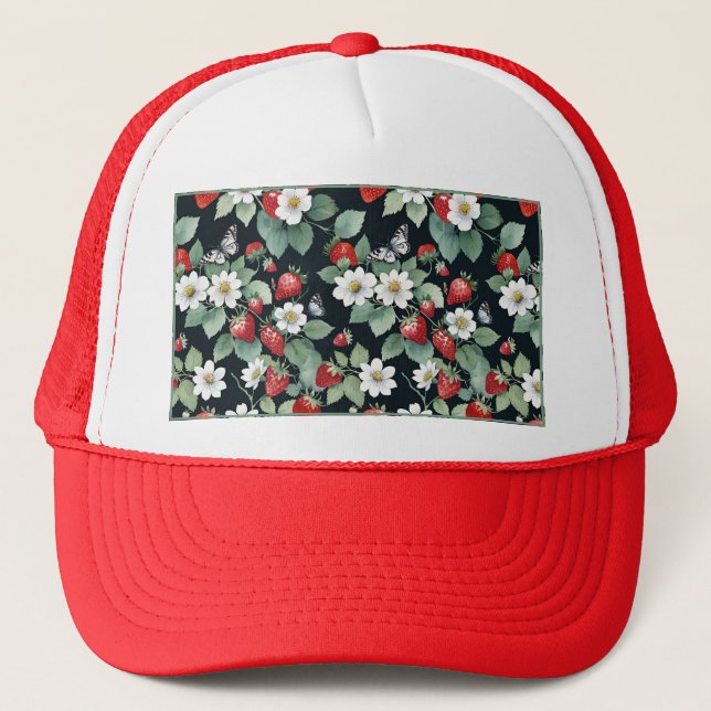 Strawberry Patch Floral on Black Trucker Hat (Front)