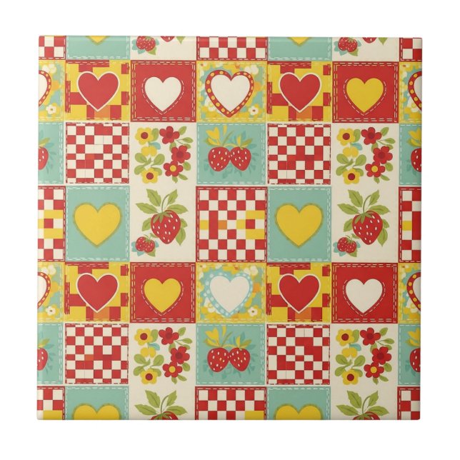 Strawberry Patchwork Picnic (2) Ceramic Tile (Front)