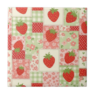 Strawberry Patchwork Picnic (4) Ceramic Tile