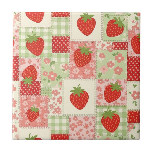 Strawberry Patchwork Picnic (4) Ceramic Tile (Front)