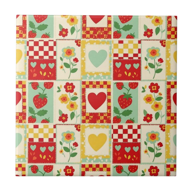 Strawberry Patchwork Picnic Ceramic Tile (Front)