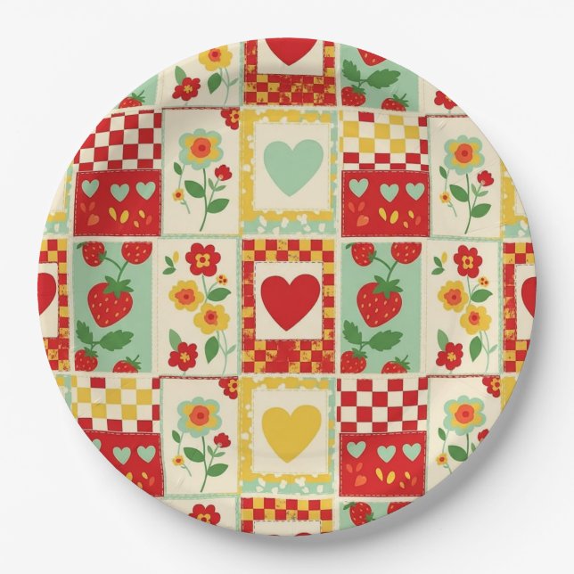 Strawberry Patchwork Picnic Paper Plate (Front)
