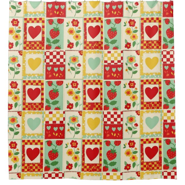 Strawberry Patchwork Picnic Shower Curtain (Front)