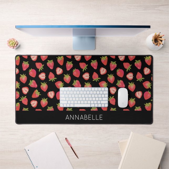 Strawberry Pattern Black Red First Name Desk Mat (Office 1)