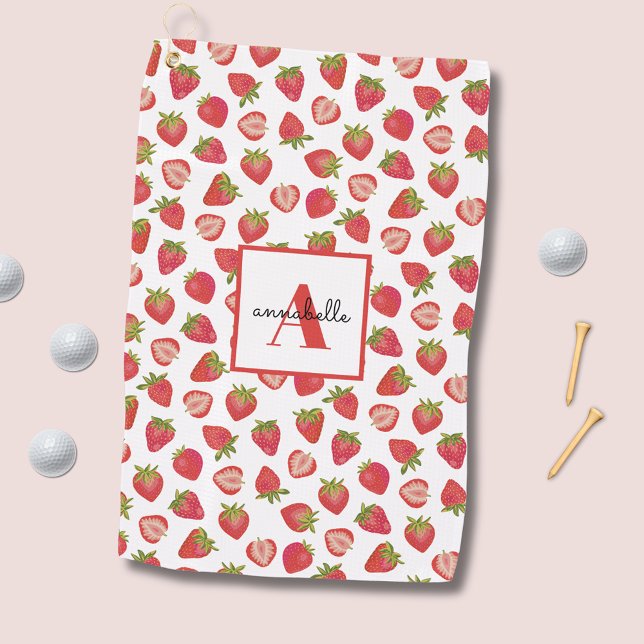 Strawberry Pattern Golf Towel (Strawberry monogram personalized golf towel. Matchig golf gifts available.)