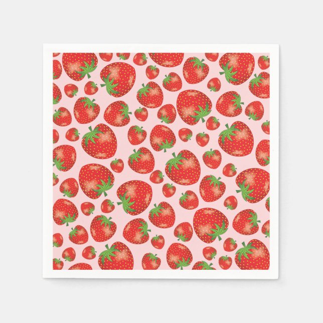 Strawberry Pattern Illustration On Light Pink Napkin (Front)