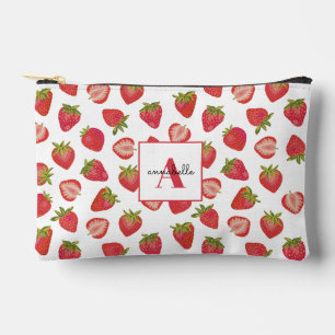 Strawberry pattern monogram first name accessory pouch