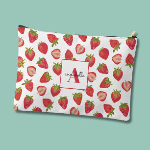 Strawberry pattern monogram first name accessory pouch