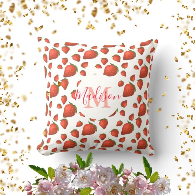Strawberry Pattern Monogram Initial Name Cushion (Creator Uploaded)