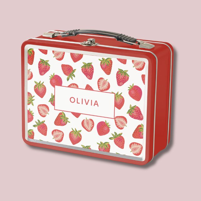 Strawberry Pattern Personalised Custom Name Metal Lunch Box (Strawberry Pattern personalized girls metal lunchbox)