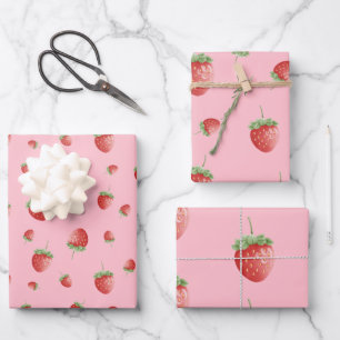 Strawberry Pattern Pink Wrapping Paper Sheet