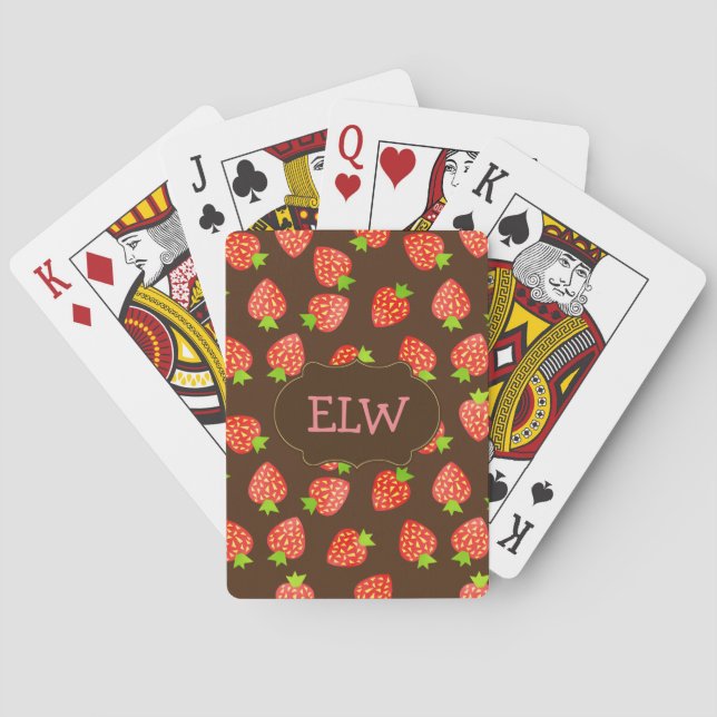 Strawberry Pattern Pretty Monogram Pink Brown Playing Cards (Back)