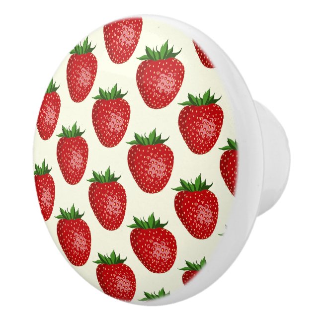 Strawberry Pattern, Red Strawberries, Fruit, Leaf Ceramic Knob (Right)