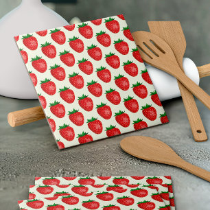 Strawberry Pattern, Red Strawberries, Fruit, Leaf Ceramic Tile