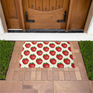 Strawberry Pattern, Red Strawberries, Fruit, Leaf Doormat