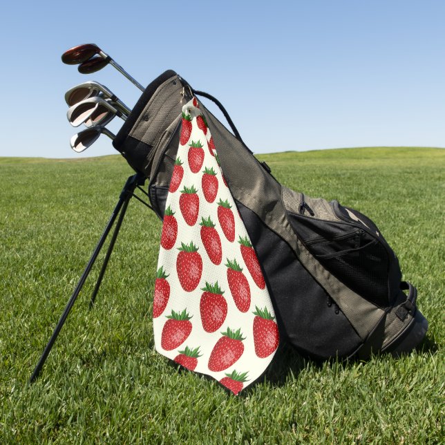 Strawberry Pattern, Red Strawberries, Fruit, Leaf Golf Towel (Green)