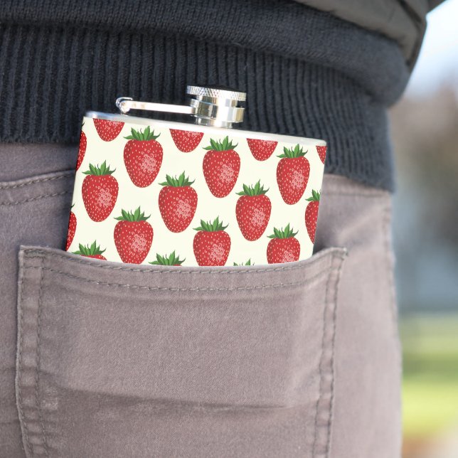 Strawberry Pattern, Red Strawberries, Fruit, Leaf Hip Flask (In Situ)