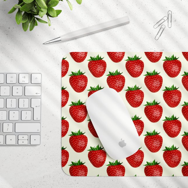 Strawberry Pattern, Red Strawberries, Fruit, Leaf Mouse Pad (Creator Uploaded)