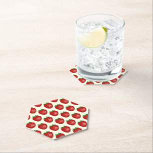 Strawberry Pattern, Red Strawberries, Fruit, Leaf Paper Coaster