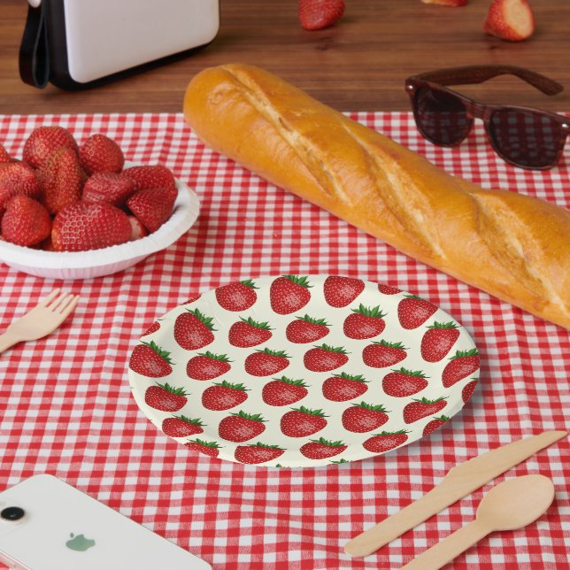 Strawberry Pattern, Red Strawberries, Fruit, Leaf Paper Plate (Picnic)