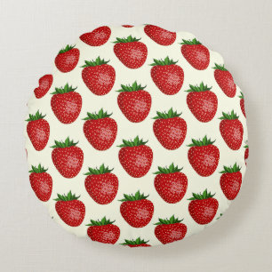 Strawberry Pattern, Red Strawberries, Fruit, Leaf Round Cushion