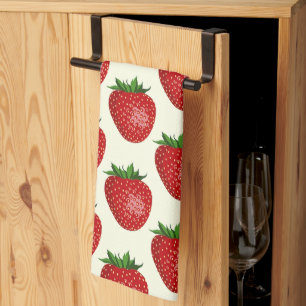 Strawberry Pattern, Red Strawberries, Fruit, Leaf Tea Towel