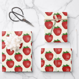 Strawberry Pattern, Red Strawberries, Fruit, Leaf Wrapping Paper Sheet
