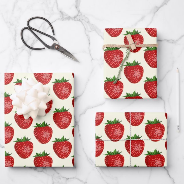 Strawberry Pattern, Red Strawberries, Fruit, Leaf Wrapping Paper Sheet (Front)