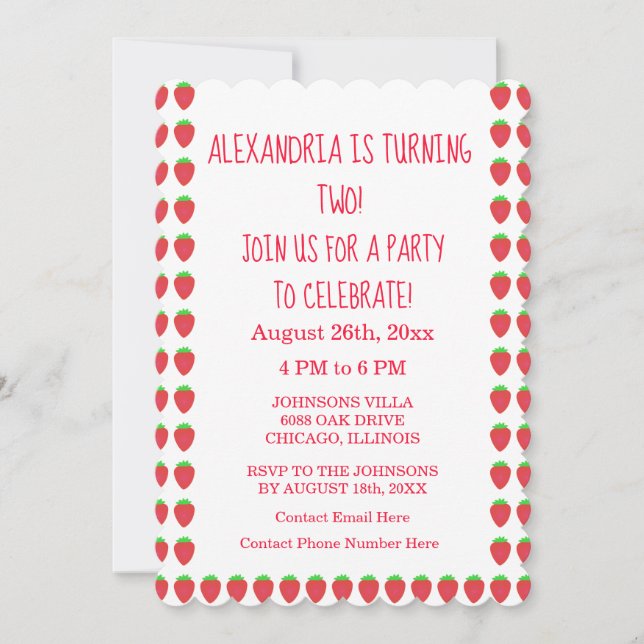Strawberry Patterns Party Custom Age 2nd Birthday  Invitation (Front)
