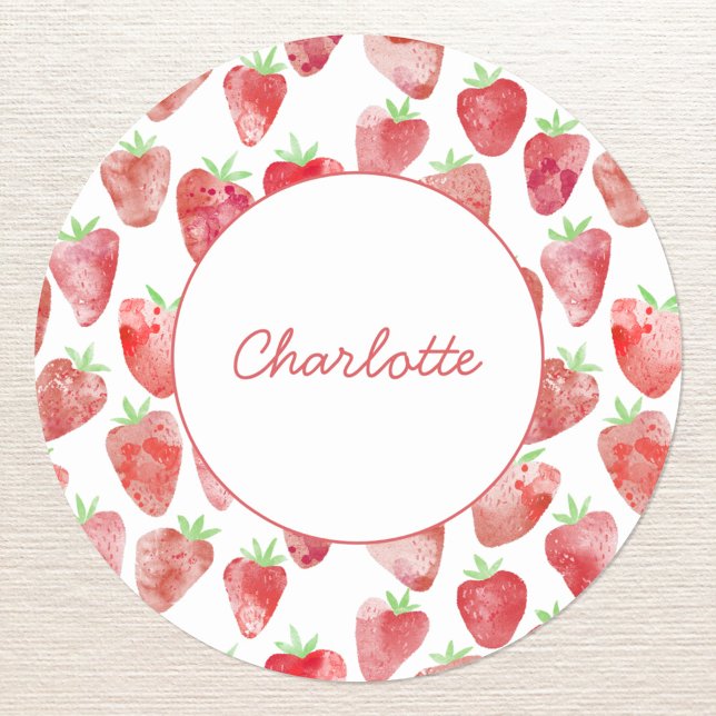 Strawberry Personalised Classic Round Sticker (Strawberry watercolor pattern personalized custom name script font sticker)
