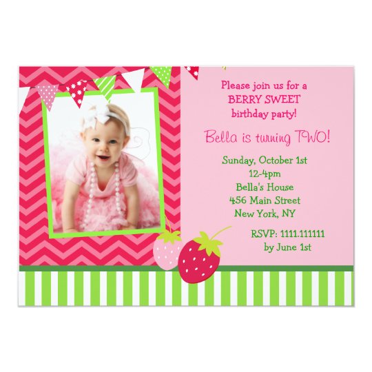 Strawberry Photo Birthday Party Invitations