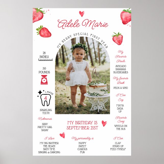 Strawberry Photo First Birthday Milestone Poster (Front)