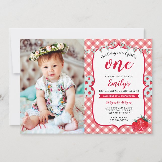 Strawberry Picnic Photo 1st Birthday Invitation (Front)