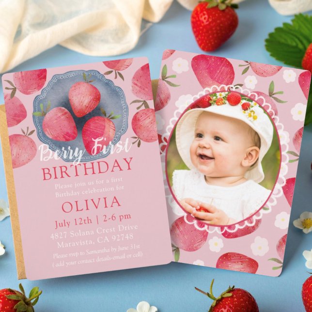 Strawberry Pink 1st Birthday Watercolor  Invitation (Creator Uploaded)