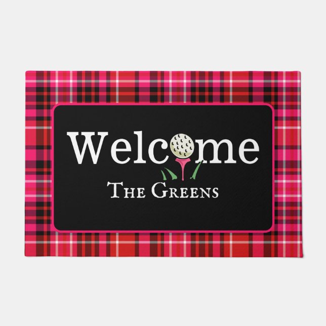 Strawberry Pink and Red Plaid Golf Welcome Entry Doormat (Front)