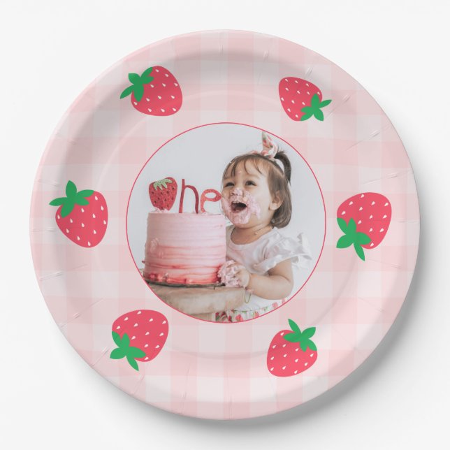 Strawberry Pink Berry First Baby Birthday Photo Paper Plate (Front)