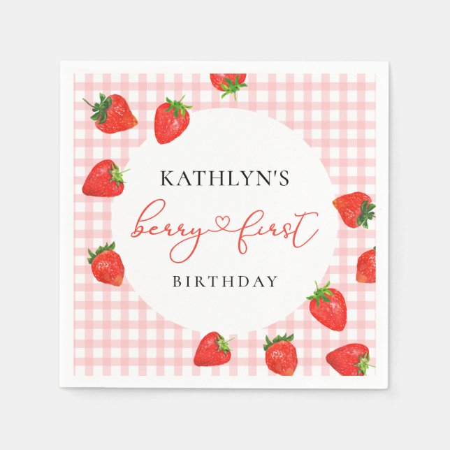 Strawberry Pink Berry First Plaid Gingham Birthday Napkin (Front)