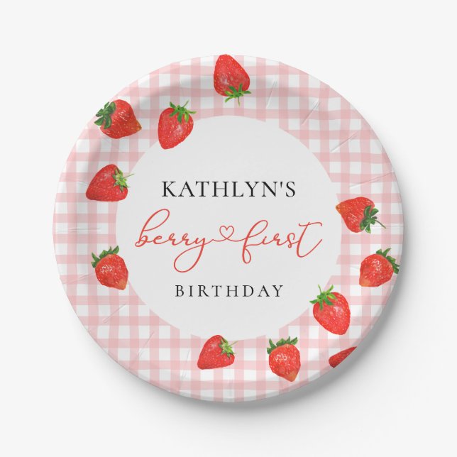 Strawberry Pink Berry First Plaid Gingham Birthday Paper Plate (Front)