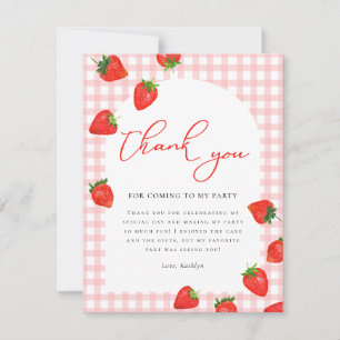 Strawberry Pink Berry Plaid Birthday Thank You Card