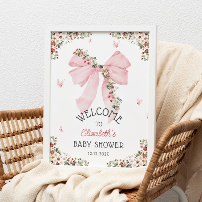 Strawberry Pink Bow Baby Shower Welcome  Poster (Creator Uploaded)