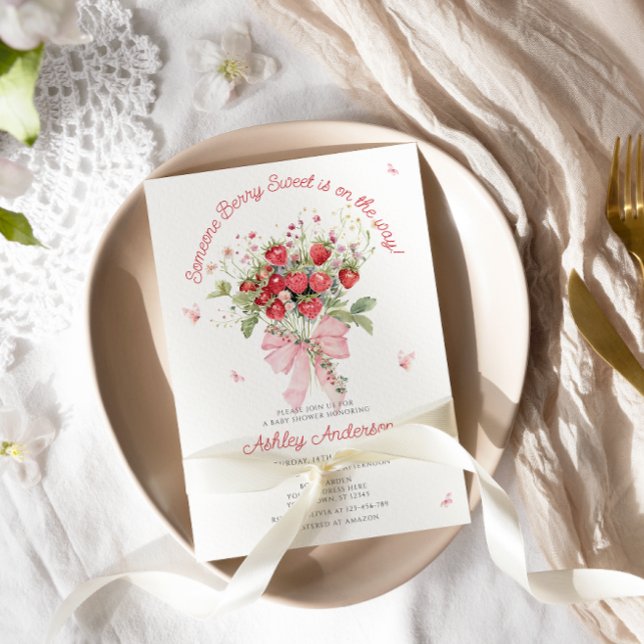 Strawberry Pink Bow Floral Baby Shower Invitation (Creator Uploaded)