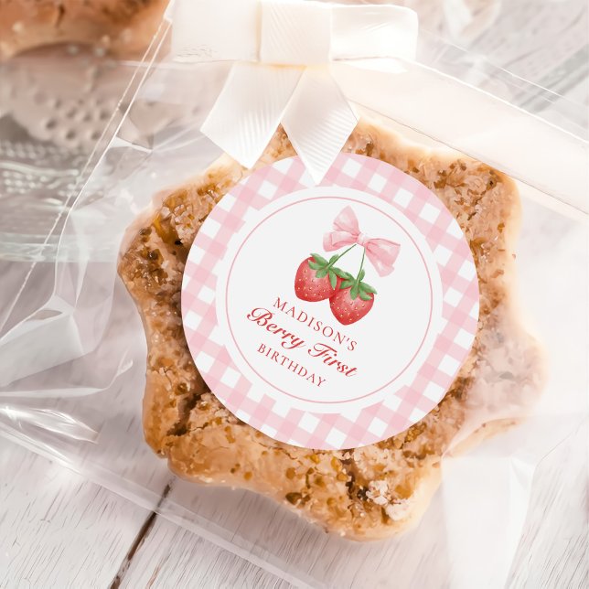 Strawberry Pink Bow Girl 1st Birthday Classic Round Sticker (Creator Uploaded)