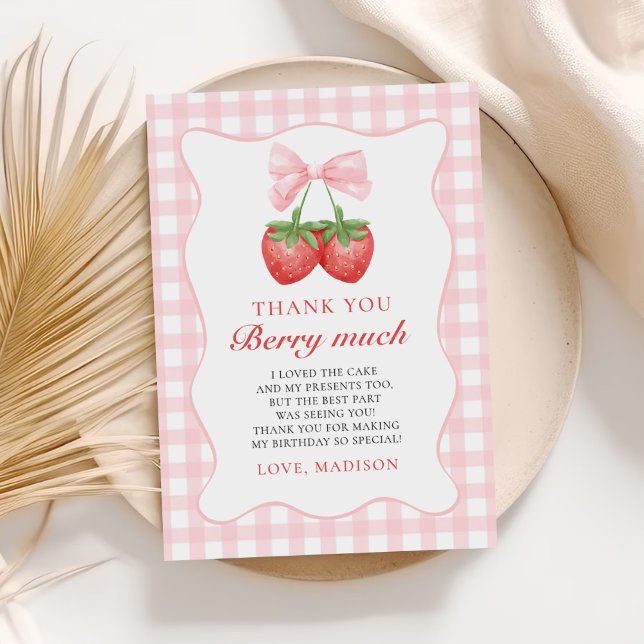 Strawberry Pink Bow Girl 1st Birthday Thank You Card (Creator Uploaded)