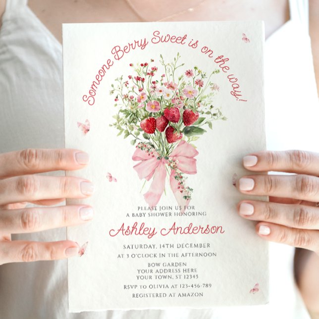 Strawberry Pink Bow Greenery Baby Shower Invitation (Creator Uploaded)
