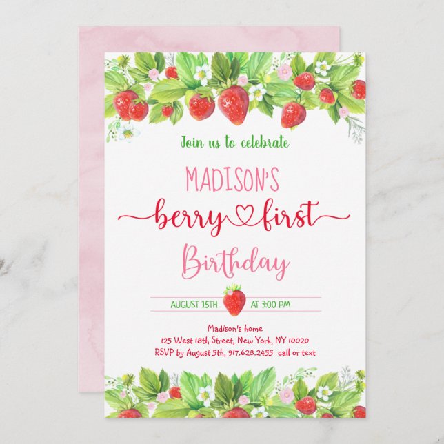 Strawberry Pink Floral Berry First Birthday Invitation (Front/Back)