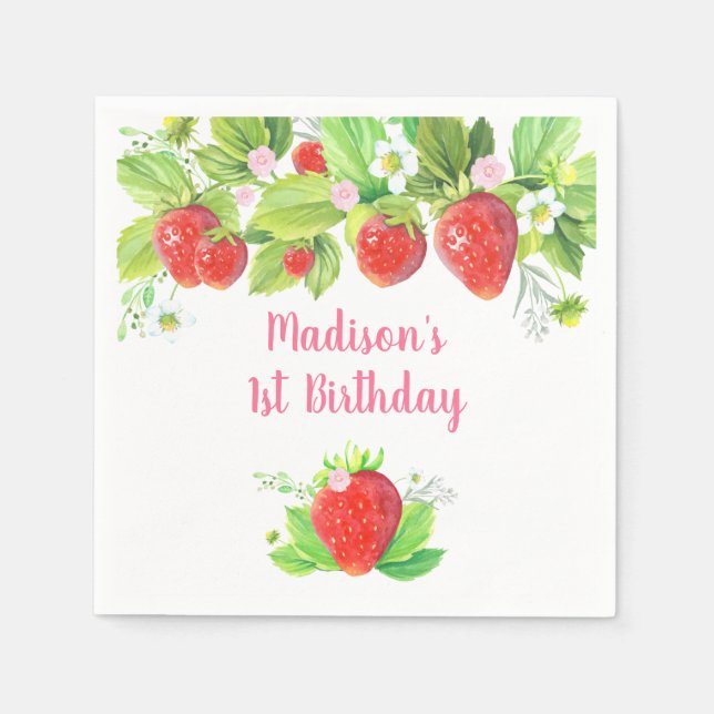 Strawberry Pink Floral Birthday Napkin (Front)